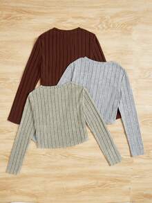 SHEIN Áo thun dệt kim dài tay màu trơn phong cách đường phố đơn giản dành cho nữ sinh Tween (Nhiều chiếc) - màu nâu - Xem 2