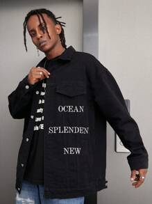Manfinity Roghcode Men's Oversized Denim Jacket With Flap Pockets And Printed Text - Black - View 5