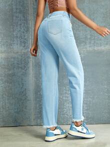 90 年代復古高腰破洞珍珠串珠裝飾鏤空毛邊直筒牛仔褲 - 藍色 - 查看 2