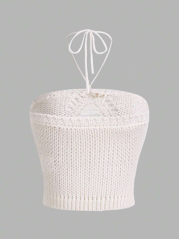 Short Knitted Top With Hollow Out Halter And Distressed Details