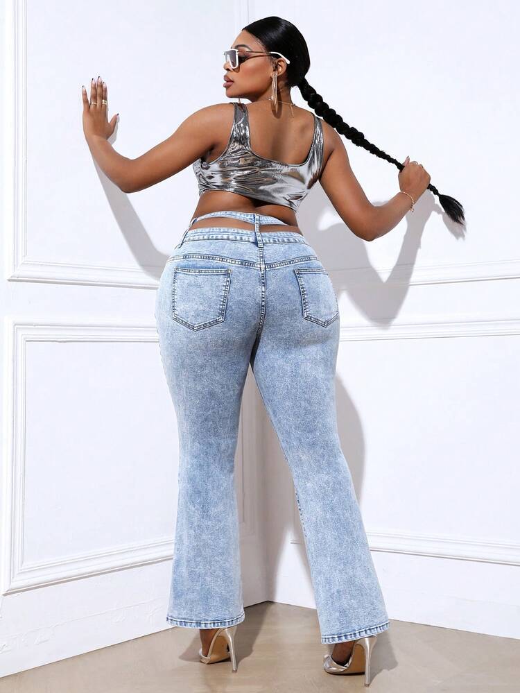 Women's Plus Size Hollow Out Denim Flared Pants