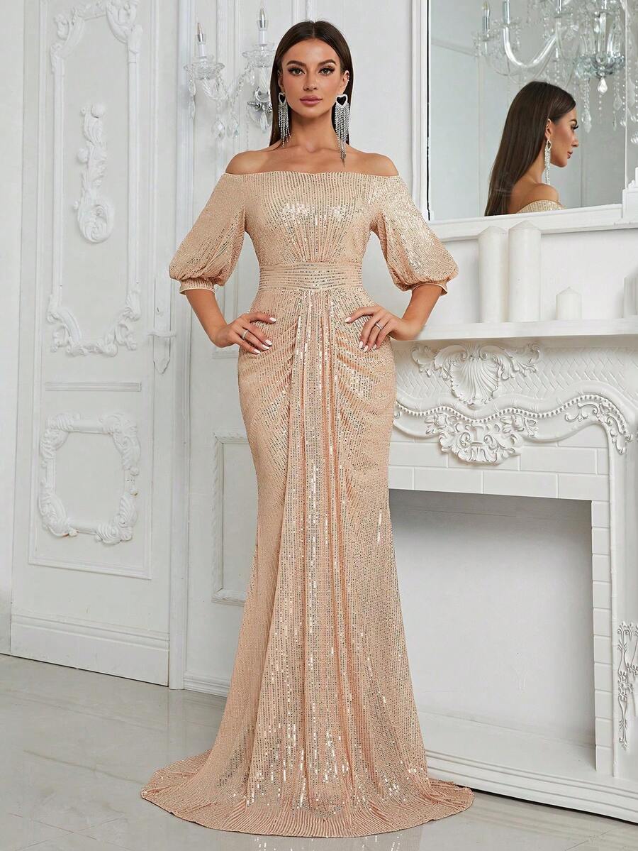 YISIKADO Vestido de vestir de hombros descubiertos de manga farol con lentejuelas - Champán - Ver 1
