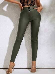 90年代復古綠色高腰彈性扣帶pu皮革修身細褲,舒適錐形休閒褲 - 軍綠色 - 查看 3