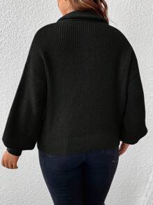 SHEIN Frenchy 大尺寸拉鍊設計羅紋毛衣套頭衫 - 黑色 - 查看 2