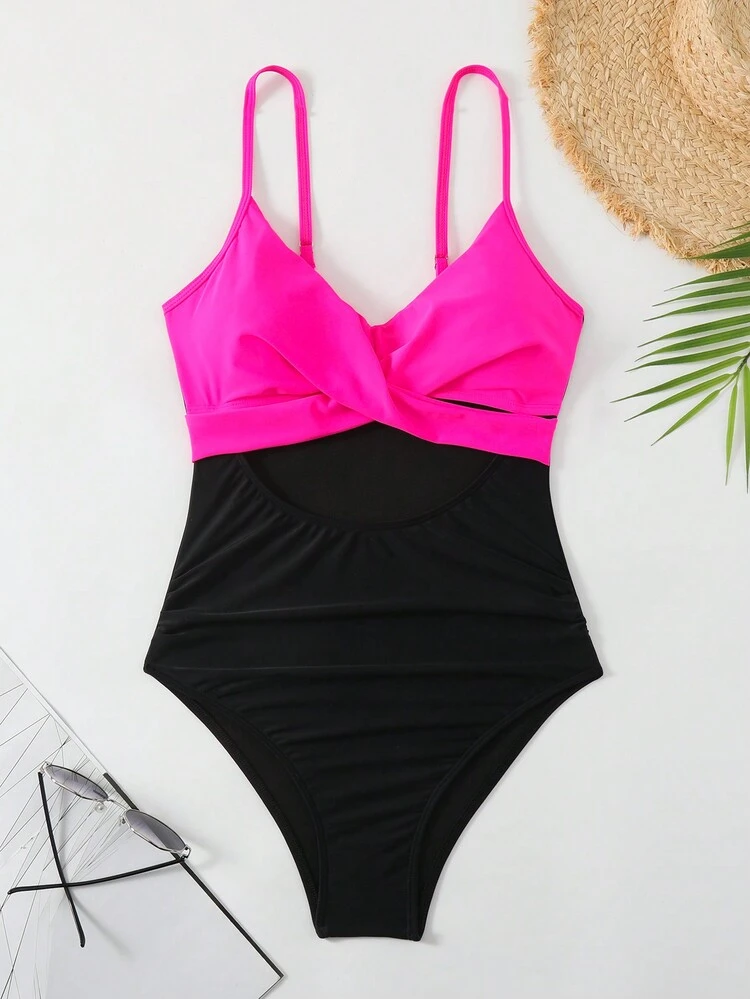 Women's Color Block Twist Front One-Piece Swimsuit,Summer Beach