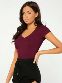 SHEIN BASICS Women's V-neck Solid Color Short Sleeve T-shirt - Burgundy - View 5