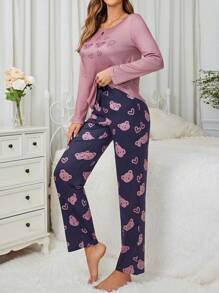 小熊圖案女裝睡衣套裝 - 紫羅蘭色 - 查看 4