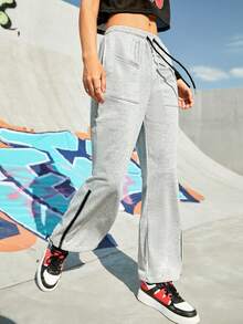 Street Sport 女色塊抽繩腰部編織帶運動褲 - 淺灰色 - 查看 8