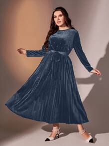 Modelyn Kích thước lớn Của phụ nữ Nhung Xếp li Đầm Với Trụ - Màu xanh lam - Xem 4