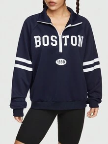 ROMWE Avant 復古大學風格字母印花拉鍊半扣領套頭女士運動衫 - 藏蓝色 - 查看 2