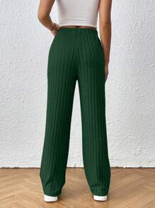 SHEIN Frenchy 純色條紋直筒褲 - 墨綠色 - 查看 2