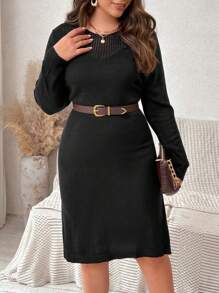 Flirla Của phụ nữ Kích thước lớn Màu thuần Đầm Áo len - màu đen - Xem 4