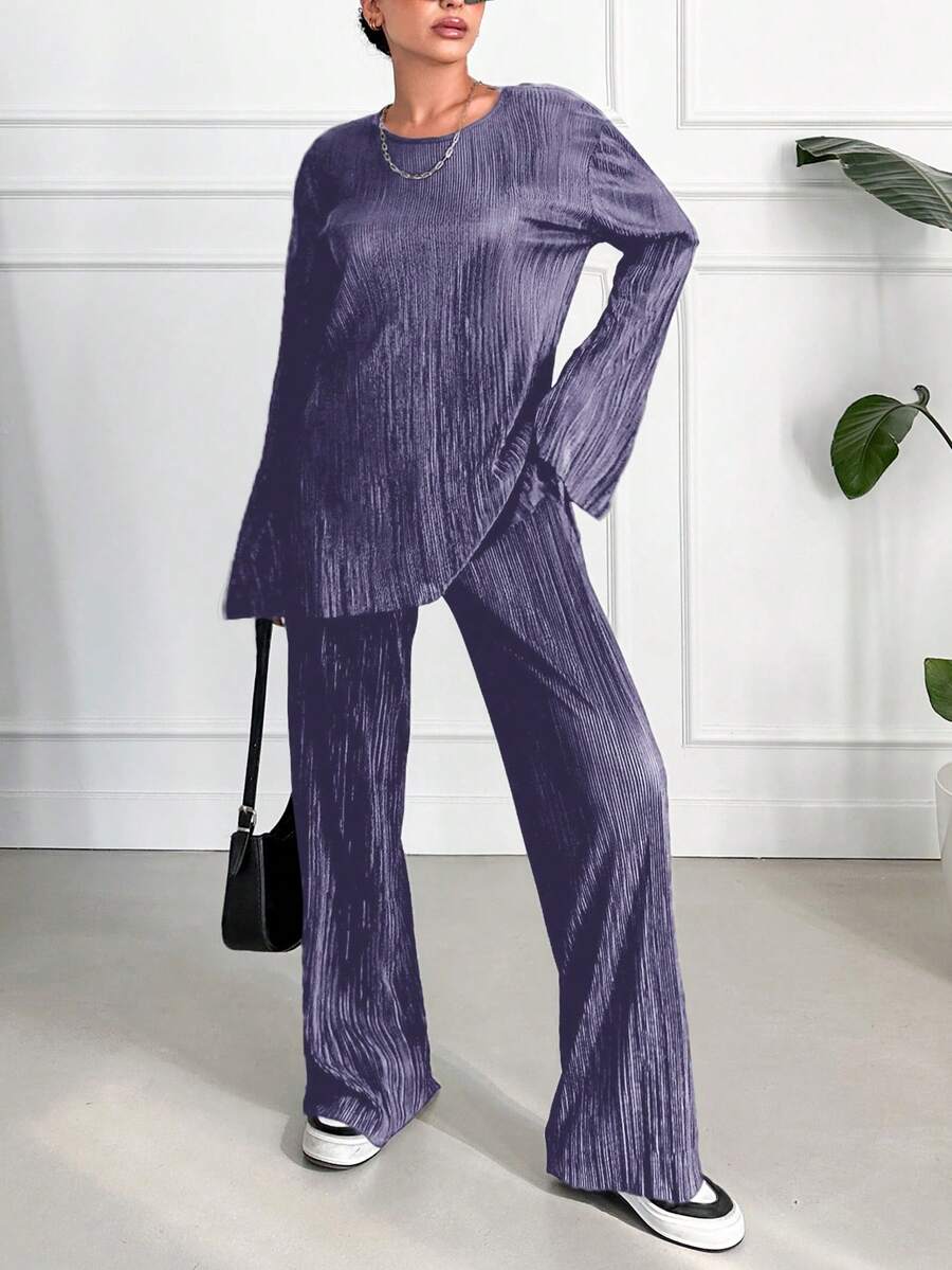 SHEIN 女士紫色圓領寬鬆貼身鈴鐺袖上衣和休閒長褲2入組 - 紫色 - 查看 1