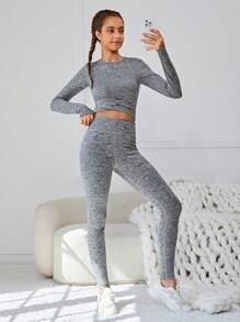 SHEIN Teenagers' Knitted Waist Crossed Round Neck Sports Sweatshirt & Pants Set - Dusty Pink - View 1