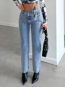 EURMUSE Ladies' High Waist Straight Leg Asymmetrical Hem Jeans - Medium Wash - View 6