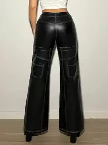 SHEIN 可拆卸分層寬腿低腰pu褲,具有重疊效果 - 黑色 - 查看 3