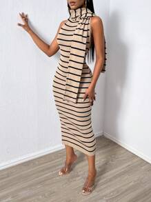 Zolique Long Sweater Dress For Women With A Scarf - Khaki - View 3