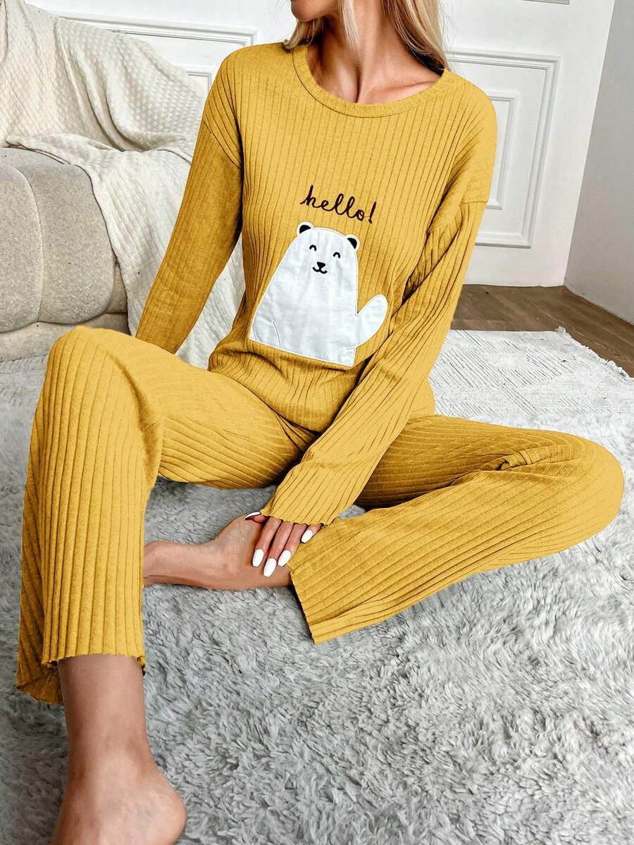 RueChic 2 件/套字母卡通刺繡長袖 T 恤和褲子家居服套裝 - 棕色 - 查看 1