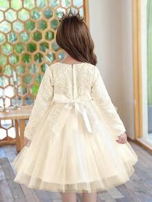 SHEIN Glamorique Kids 女童大童可溶性花邊紗裙長袖連衣裙