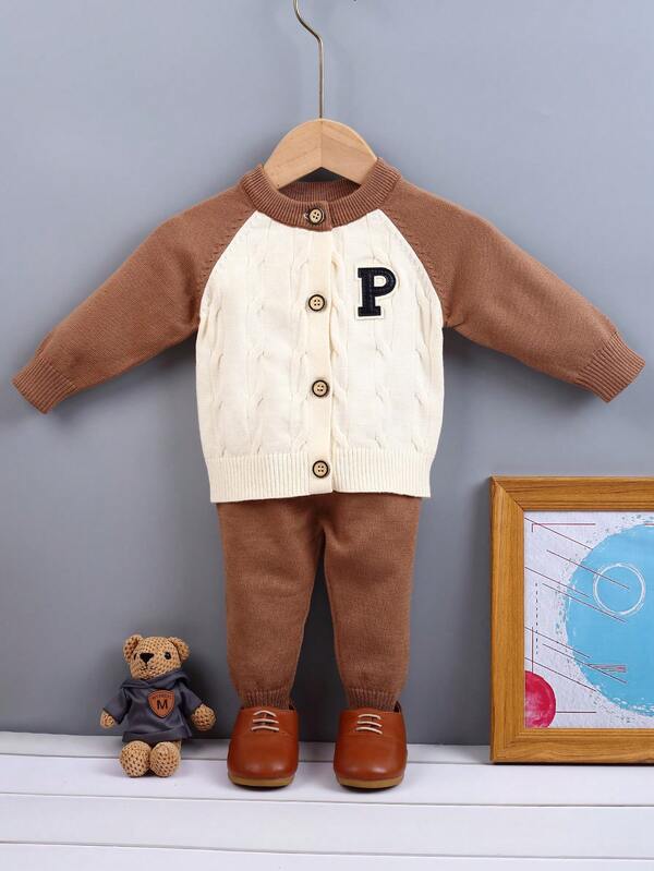 Infant Boys' Sweater Set With Letter Patch And Drop Shoulder Sleeves
