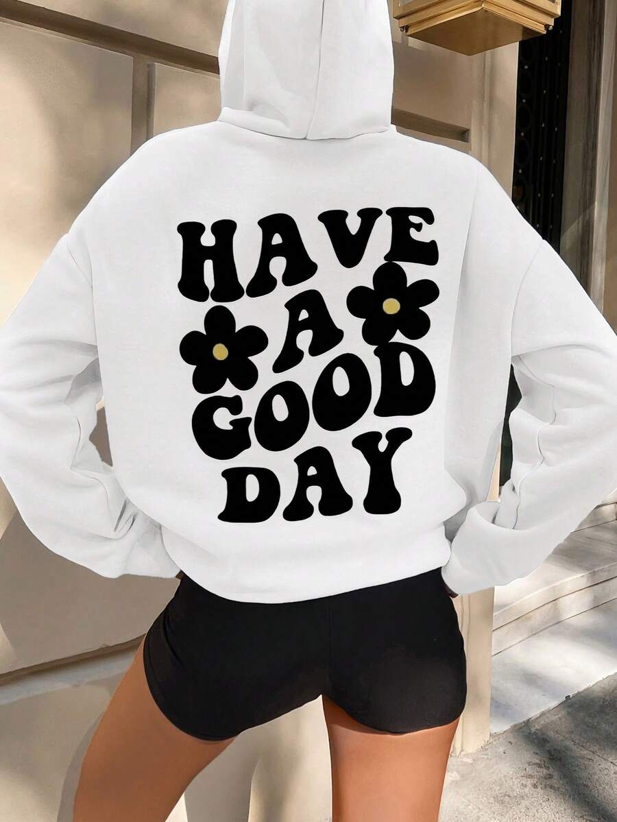 SHEIN PETITE Floral & Slogan Graphic Drop Shoulder Hoodie - White - View 1