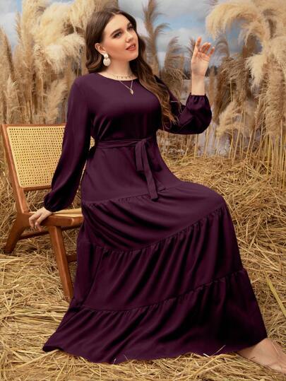 Mulvari 加大码纯色系带连衣裙长款女装