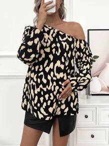 SHEIN 孕婦斜領長袖襯衫 - 黑色 - 查看 8