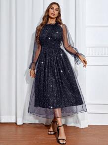 Women's Mesh Sparkle Patchwork Cinched Waist Dress - Navy Blue - View 5