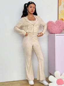SHEIN EZwear 3入組女士休閒可愛綁頸背心、外套、褲裝服裝 - 杏色 - 查看 1