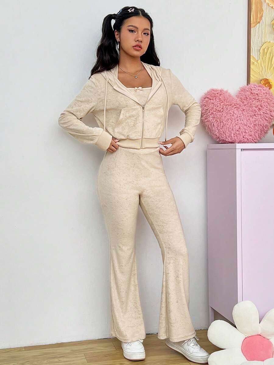 SHEIN EZwear 3入組女士休閒可愛綁頸背心、外套、褲裝服裝 - 杏色 - 查看 1