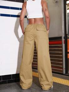 Y2k卡其色抽繩腰部褶皺蓋袋寬腿降落傘貨運休閒裤 - 卡其色 - 查看 2