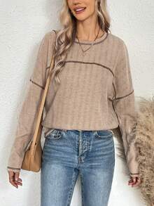 SHEIN LUNE Women's Two-tone Stitching Edge T-shirt - Khaki - View 4