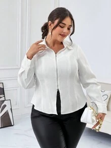 SHEIN Privé 女士加大尺寸拉鍊v領襯衫 - 白色 - 查看 1