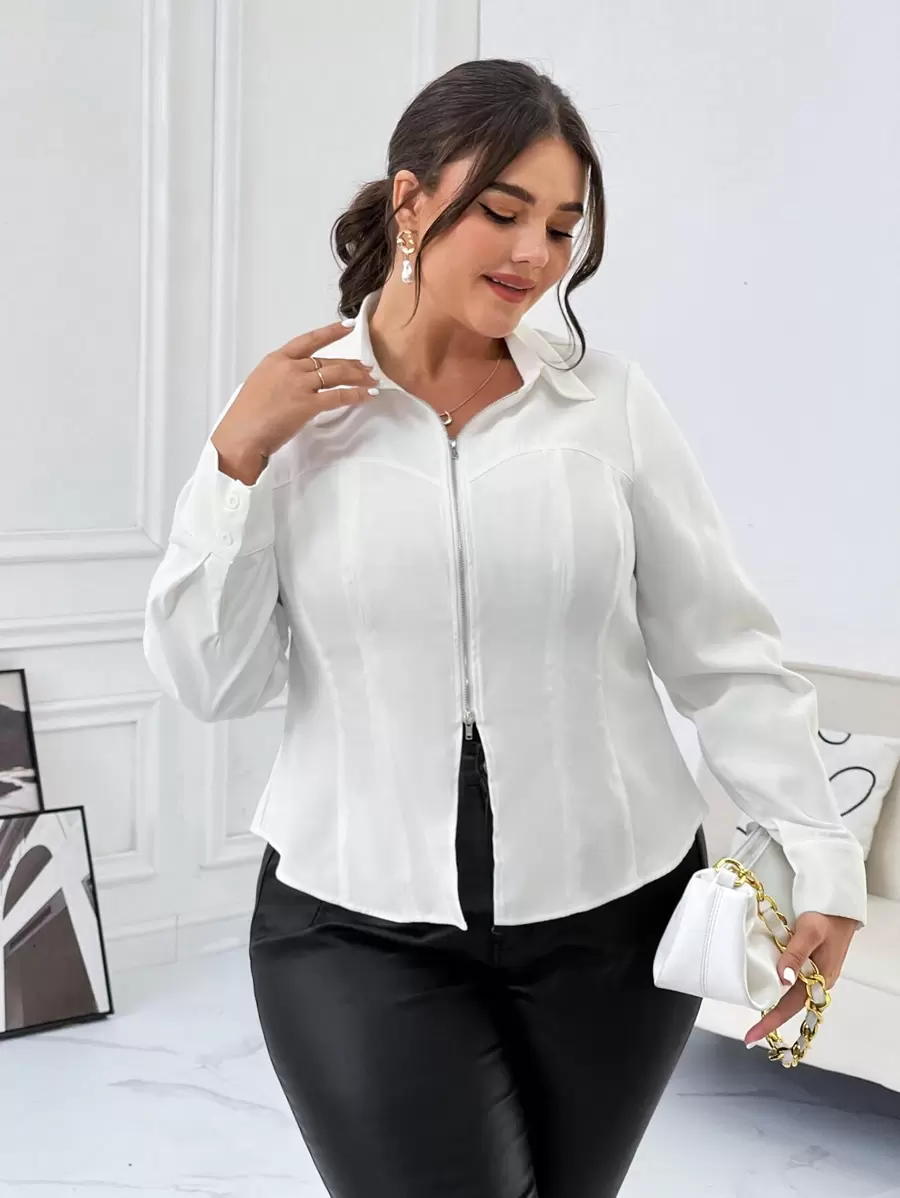 SHEIN Privé 女士加大尺寸拉鍊v領襯衫 - 白色 - 查看 1