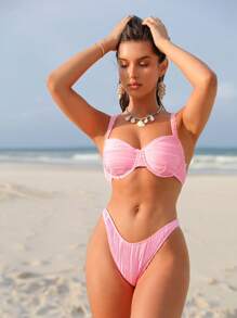 SHEIN Swim Summer Ladies' Texture Fabric Crossed Design Separates Suit - Pink - View 5