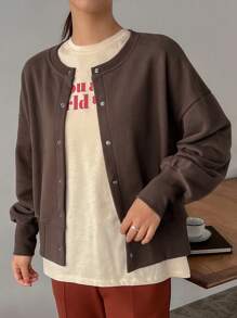 FRIFUL Women's Solid Color Drop Shoulder Button Front Sweatshirt - Coffee Brown - View 4