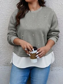 Calvaya 加大碼珍珠裝飾2合1運動衫 - 灰色 - 查看 5