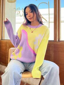 SHEIN EZwear 拼色花卉印花下垂肩毛衣 - 彩色 - 查看 3