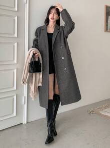 DAZY 女士纯色翻领长袖单排扣休闲外套，适合秋冬季节穿着，女装外套 - 深灰色 - 查看 3