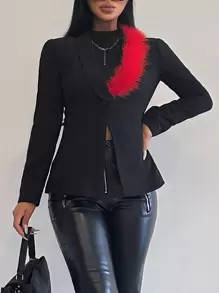 SHEIN Unity Colorblock Plush Decoration Shawl Collar Blazer Jacket Fall Cloth For Women - Black - View 6