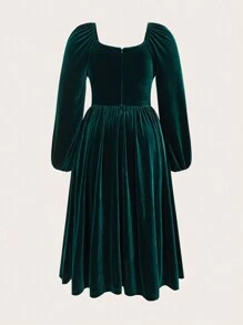 SHEIN Clasi 大碼雞心領口燈籠袖絲絨洋裝 - 墨綠色 - 查看 6