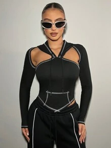 SHEIN ICON Slim Fit Top-Stitching Hooded Tank Top And Micro Top Two-Piece Set - Black and White - View 2