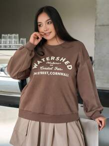 Dazy Plus Women's Letter Print Drop Shoulder Sweatshirt - Chocolate Brown - View 6