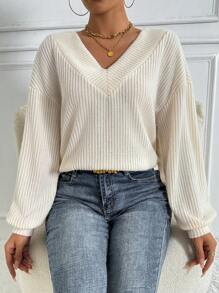 SHEIN Privé Của phụ nữ Lỏng lẻo phù hợp Thả vai Tay áo dài Sọc Áo thun - Màu be - Xem 1