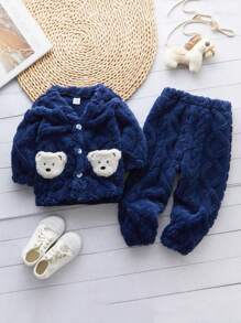 嬰幼兒菱形抓絨熊頭口袋外套和褲子套裝 - 藏蓝色 - 查看 1