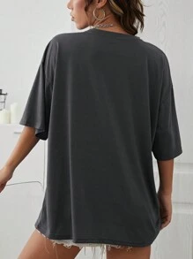 INAWLY Áo thun hở vai họa tiết xương rồng và chữ cái Áo thun họa tiết cho nữ - Màu xám đen - Xem 2