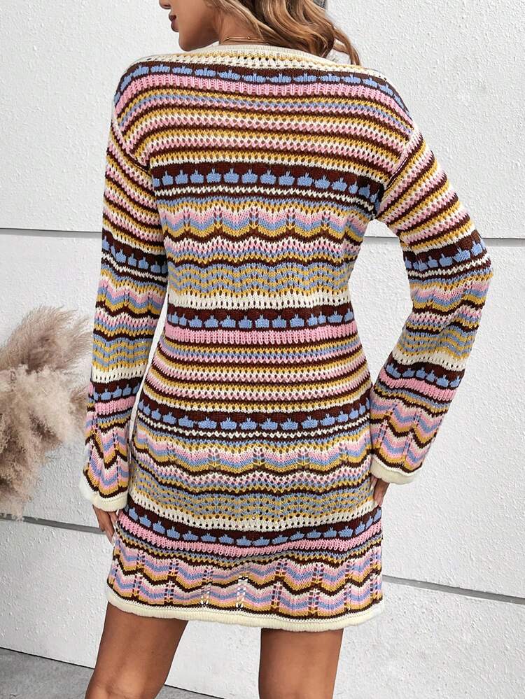 Hollow Out Striped Knitted Sweater Dress