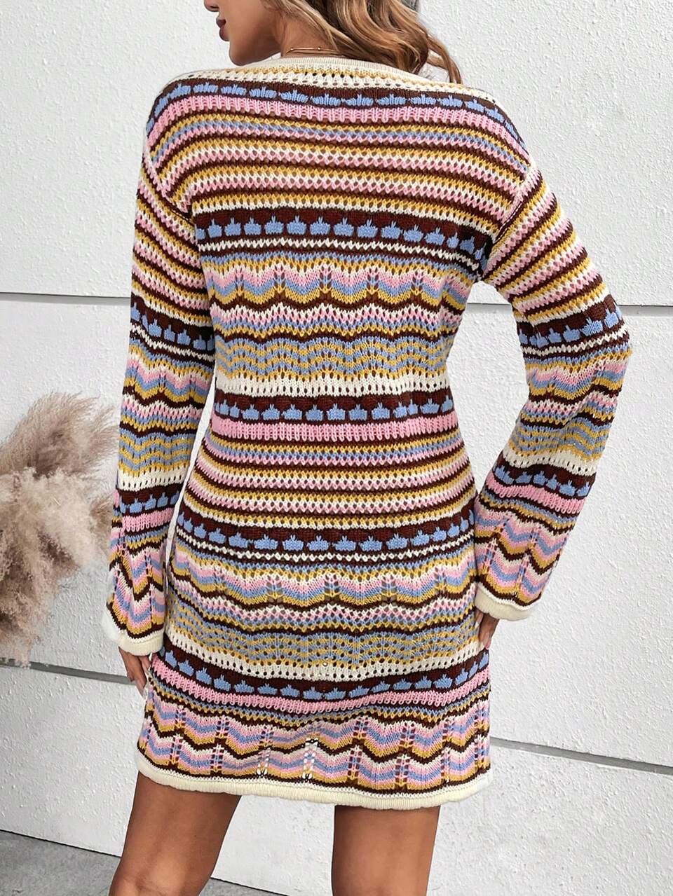 Hollow Out Striped Knitted Sweater Dress