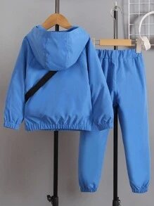 幼兒男童連帽外套,字母印花,長褲和提袋套裝 - 藍色 - 查看 2