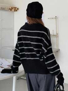 DAZY 女士條紋翻領毛衣 - 黑色 - 查看 4